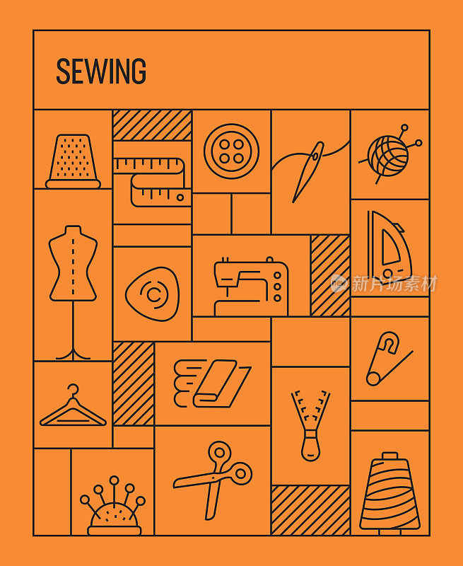 Sewing Concept. Geometric Retro Style Banner and Poster Concept with Sewing Related Line Icons